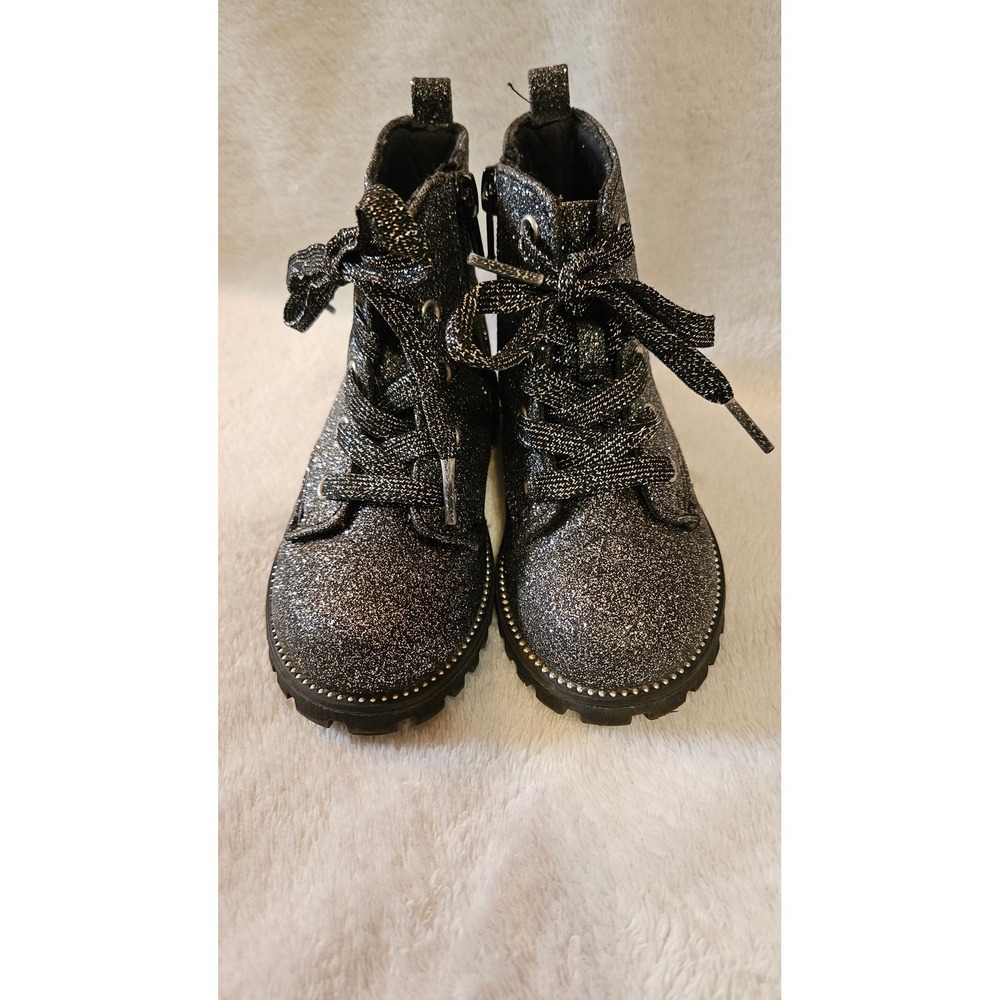 Rachel Zoe Girls Black Glitter Combat Boots Side Zip Sparkle Ankle Boots Size 8